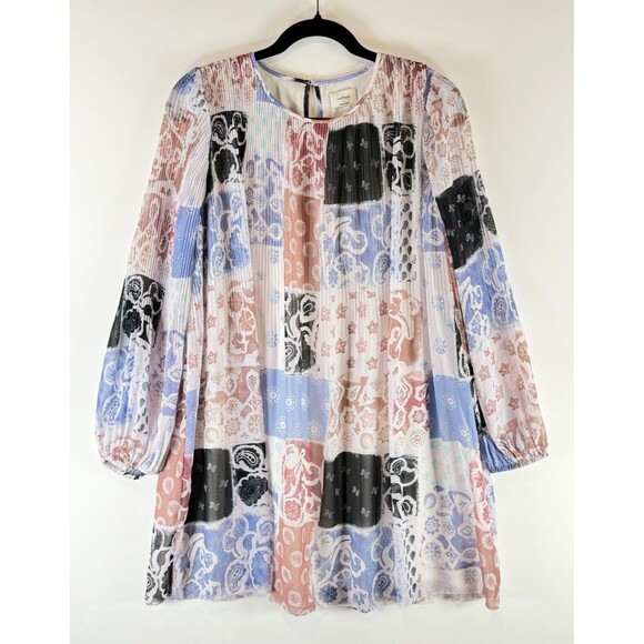 Wilfred Womens Dress Blue Daydreamer Mini Pleated Chiffon Tunic Patchwork Small - Picture 1 of 8
